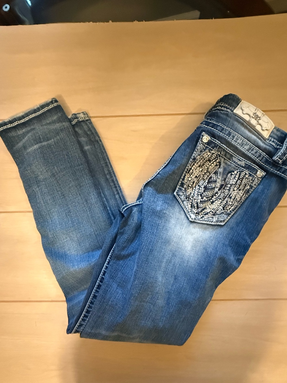 Miss Me Embellished Angel Wing Pocket Jeans Mid Rise Easy Skinny 30